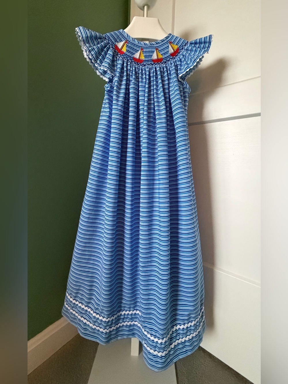 Classic Whimsy Smocked Sailboat Striped Bishop Dress